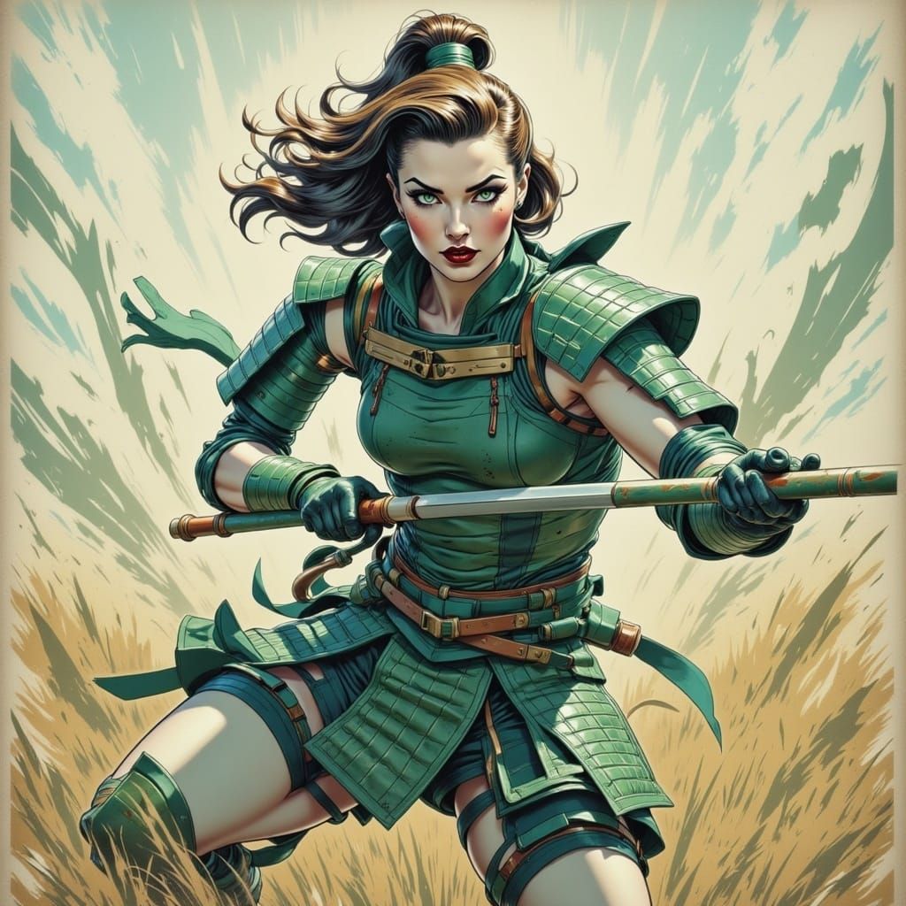 Anime Samurai Warrior Charges Across Sunlit Field