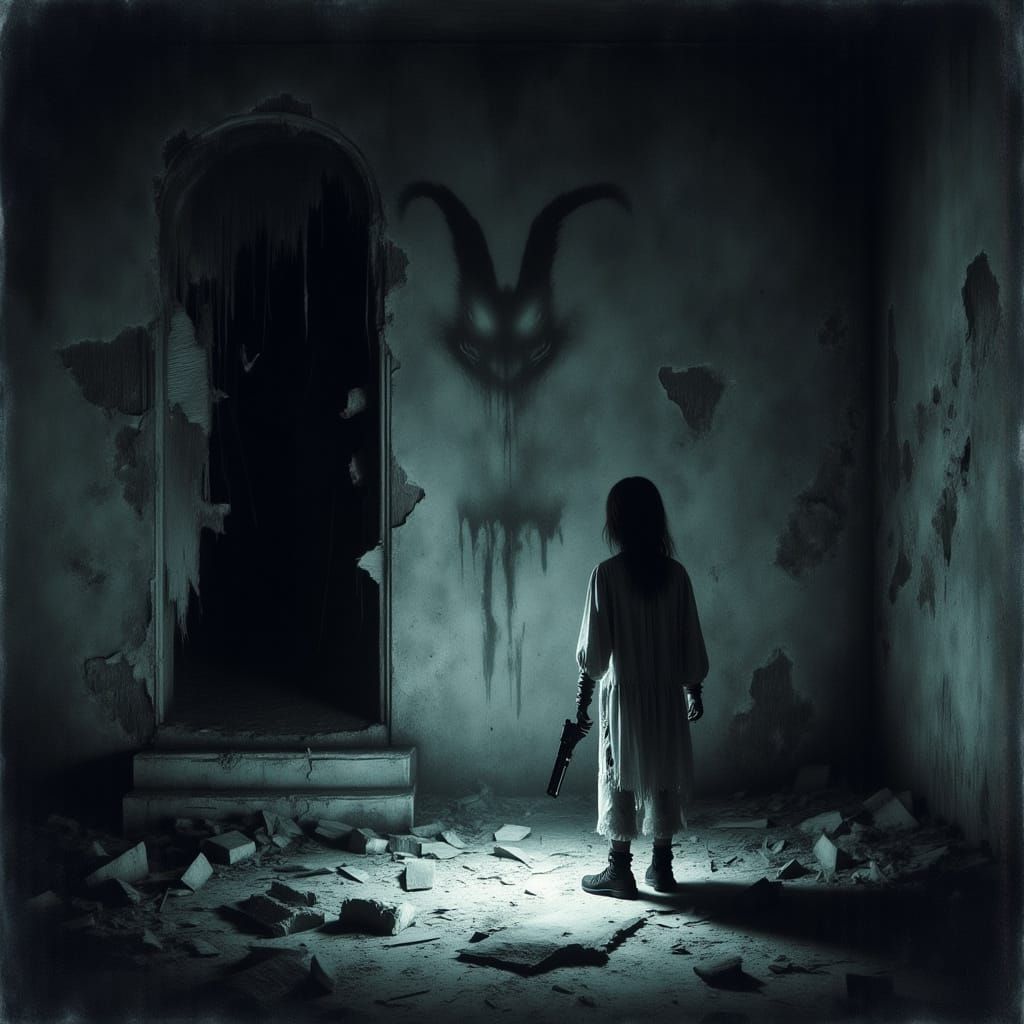 Haunting Girl with Ominous Shadow in Gothic Style