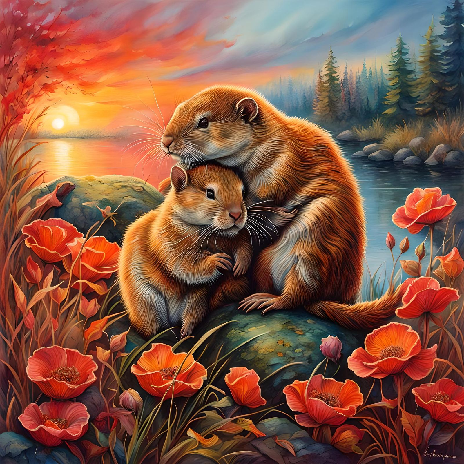 Muskrats in Love: Watercolor and Ink Sunrise