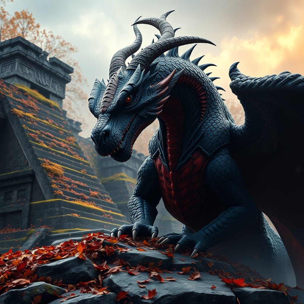 Colossal Dragon Guards Mayan Temple in Autumn Splash Art
