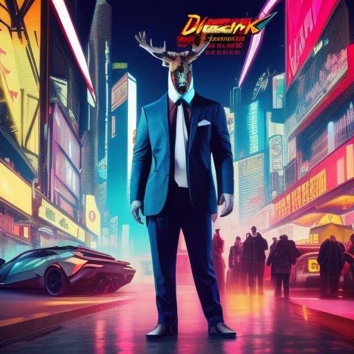 man wearing a suit and a moose head