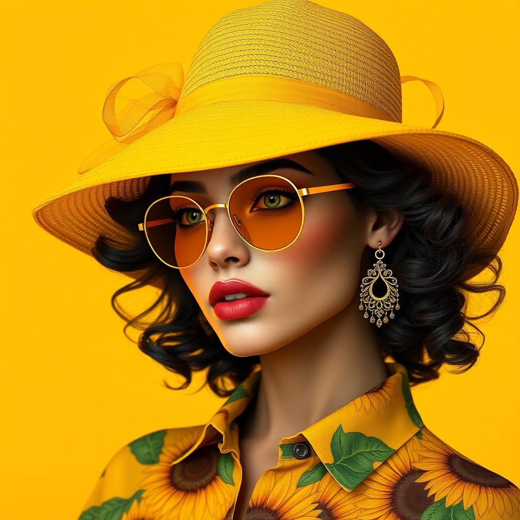 Elegant Woman in Vibrant Yellow Sunflower Print Attire