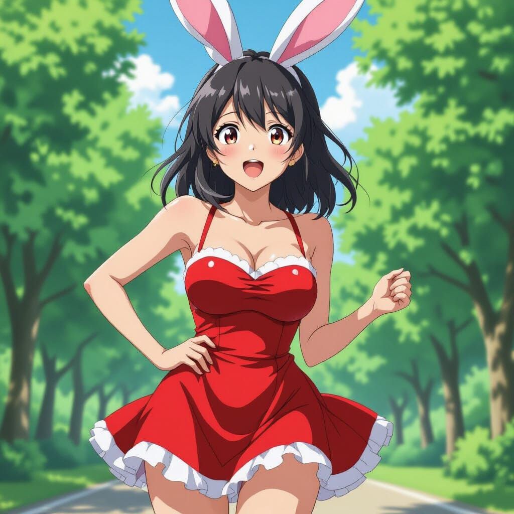 Anime Woman in Bunny Dress with Exaggerated Proportions