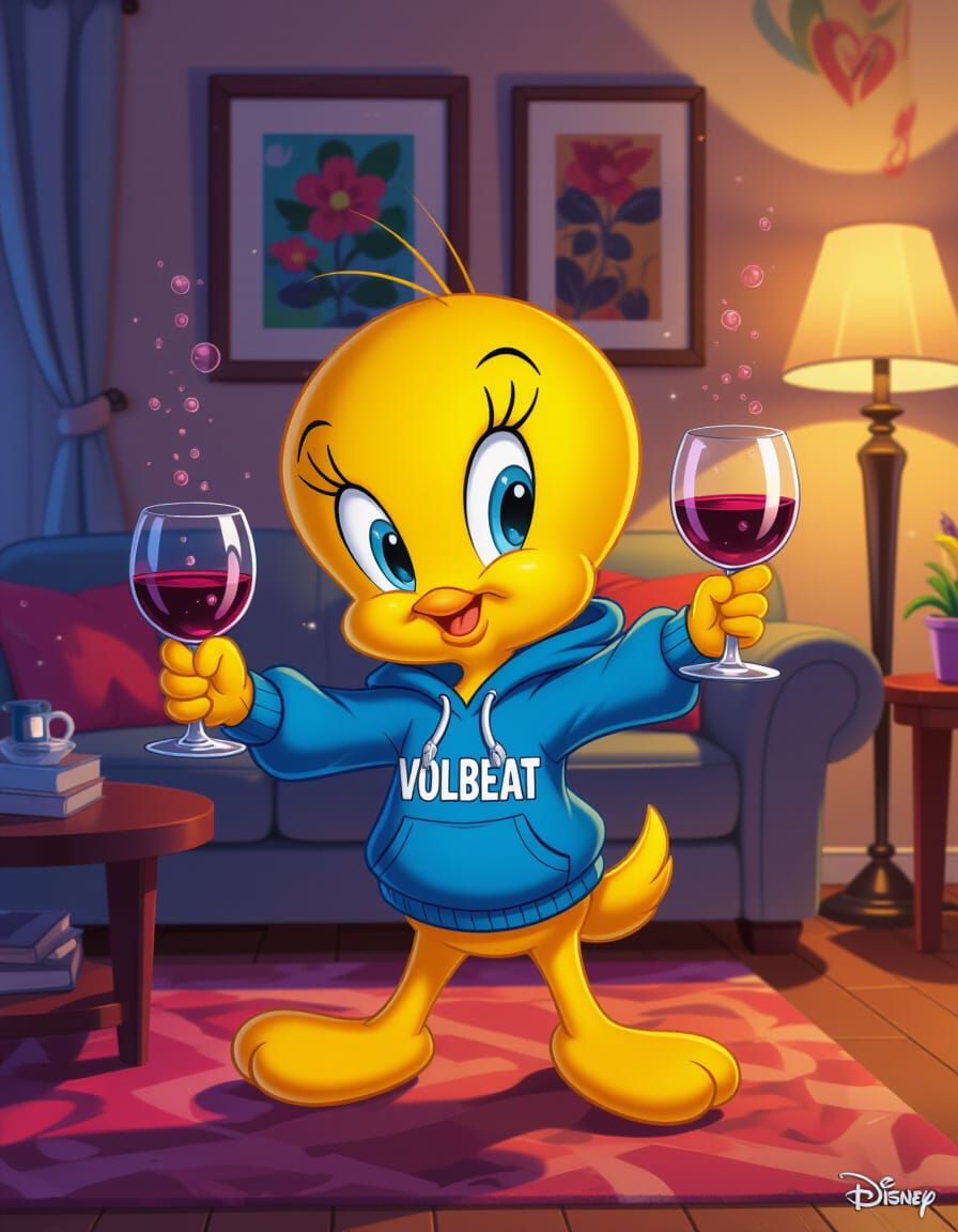 Tweety Dances Happily in Living Room with Volbeat Hoodie