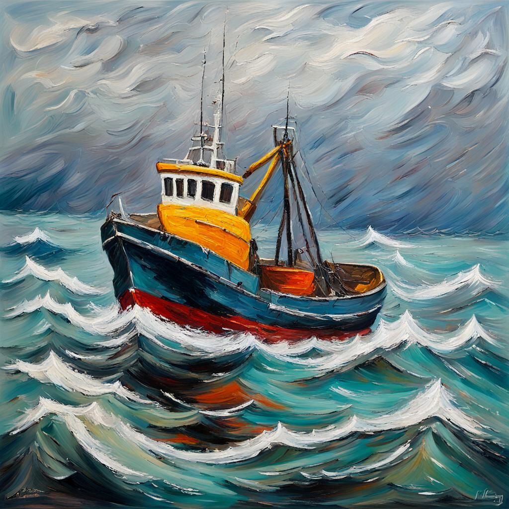 Fishing Trawler at Sea: Expressionist Oil Painting