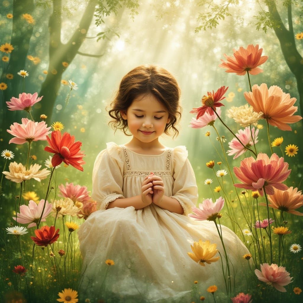 Serene Woman Surrounded by Light and Flowers