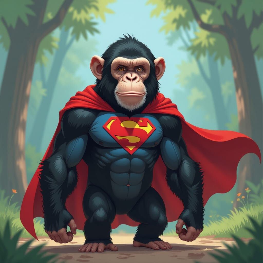 Heroic Chimpanzee as Superman in Digital Painting Style
