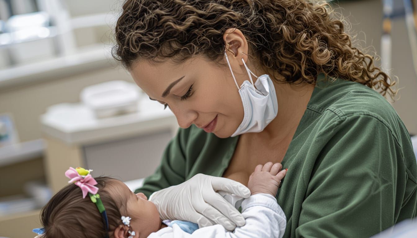 Woman Breastfeeding in Blue Nitrile Gloves