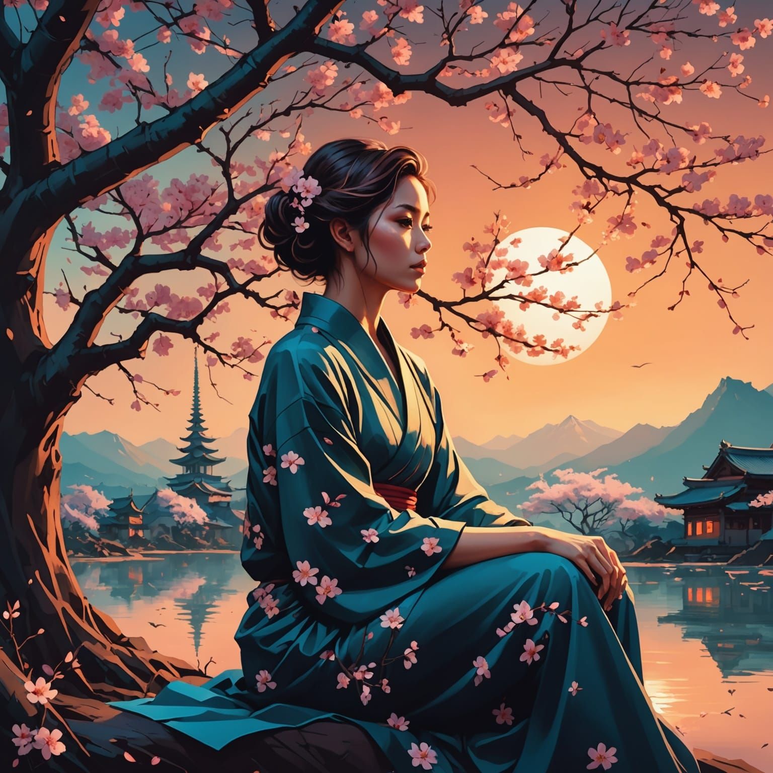 An image of a woman sitting under a Sakura tree. Sunset, con...