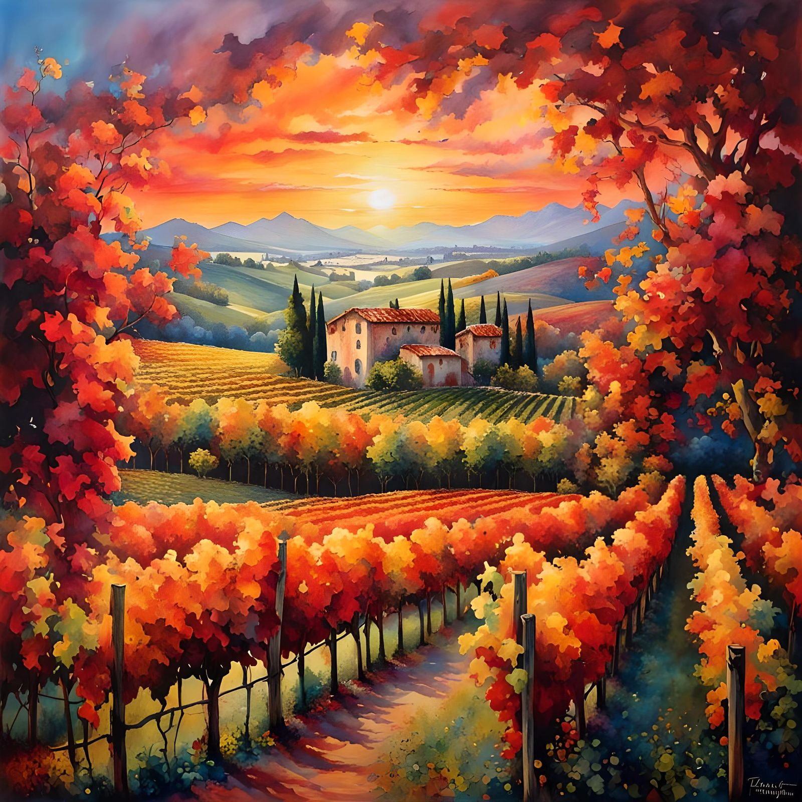Italian Vineyards at Sunrise: Watercolor and Ink
