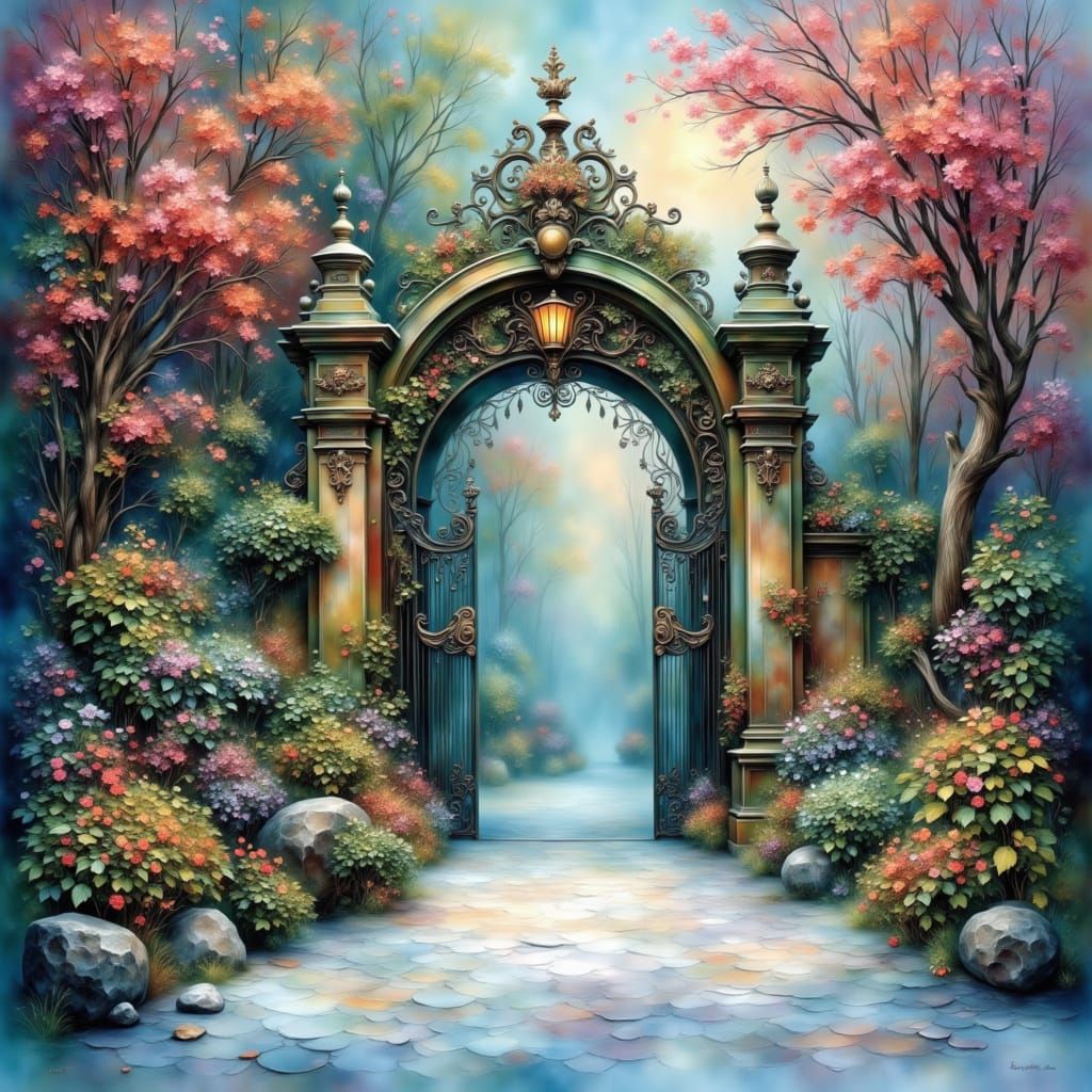 Victorian Gate Framed by Flowering Trees