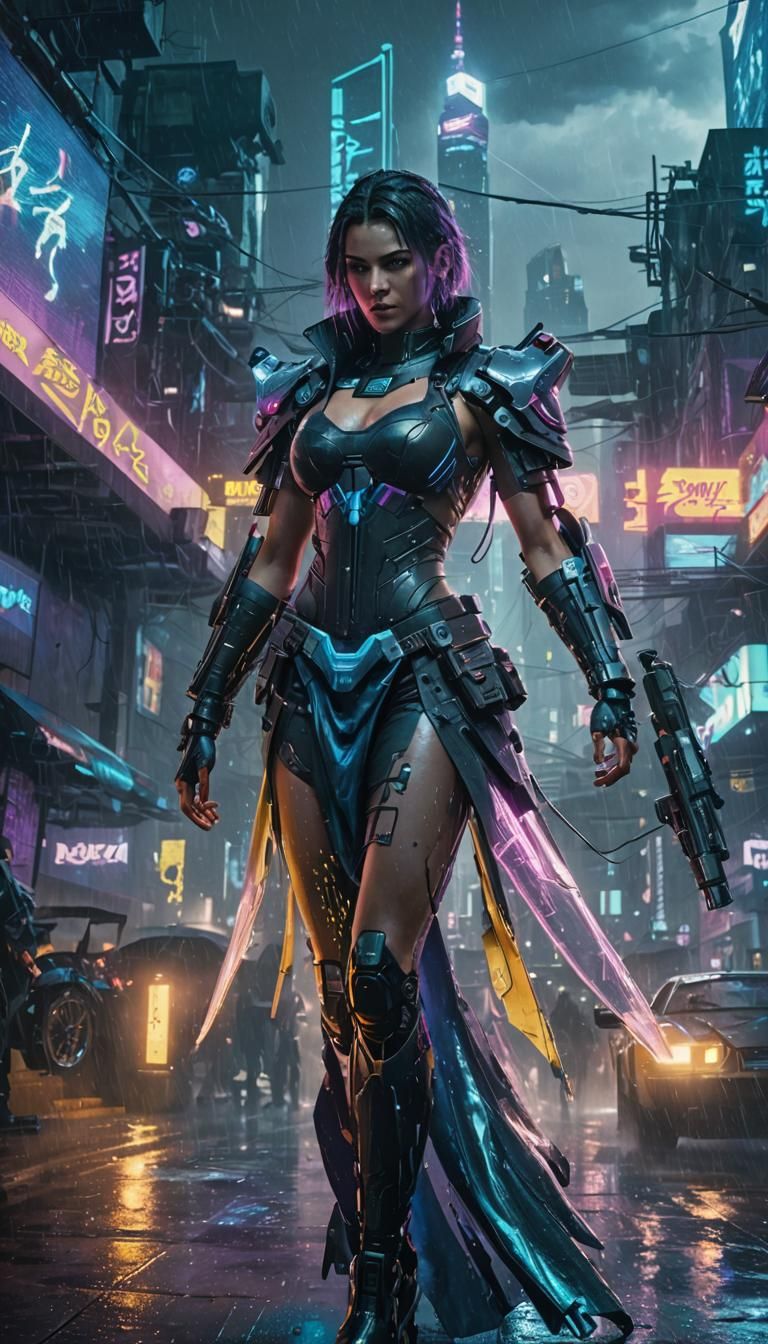 Cyberpunk 2099 Hacker in Rainy Neon Street