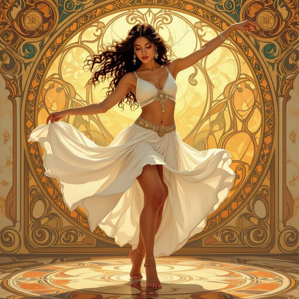 Woman Dancing on Oil Painting in Art Nouveau Style