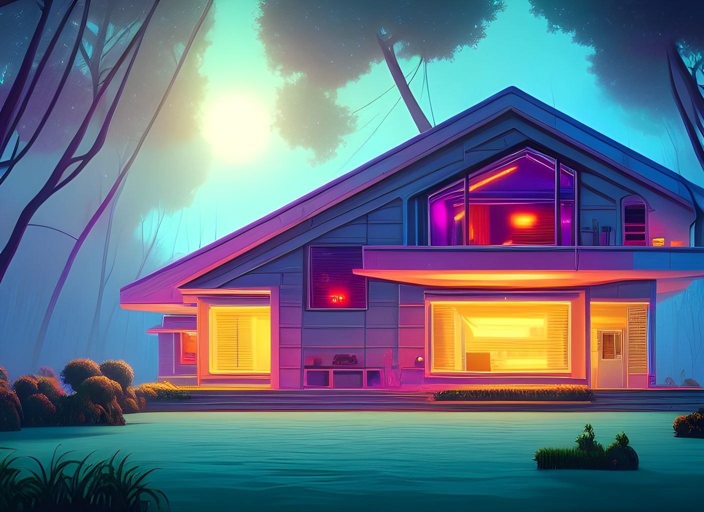 Synthwave House in Groovy Neon Architecture