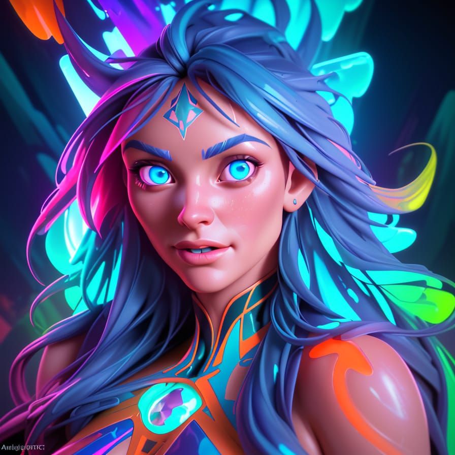 Neon Portrait on Glass Beach in Expressionist Style