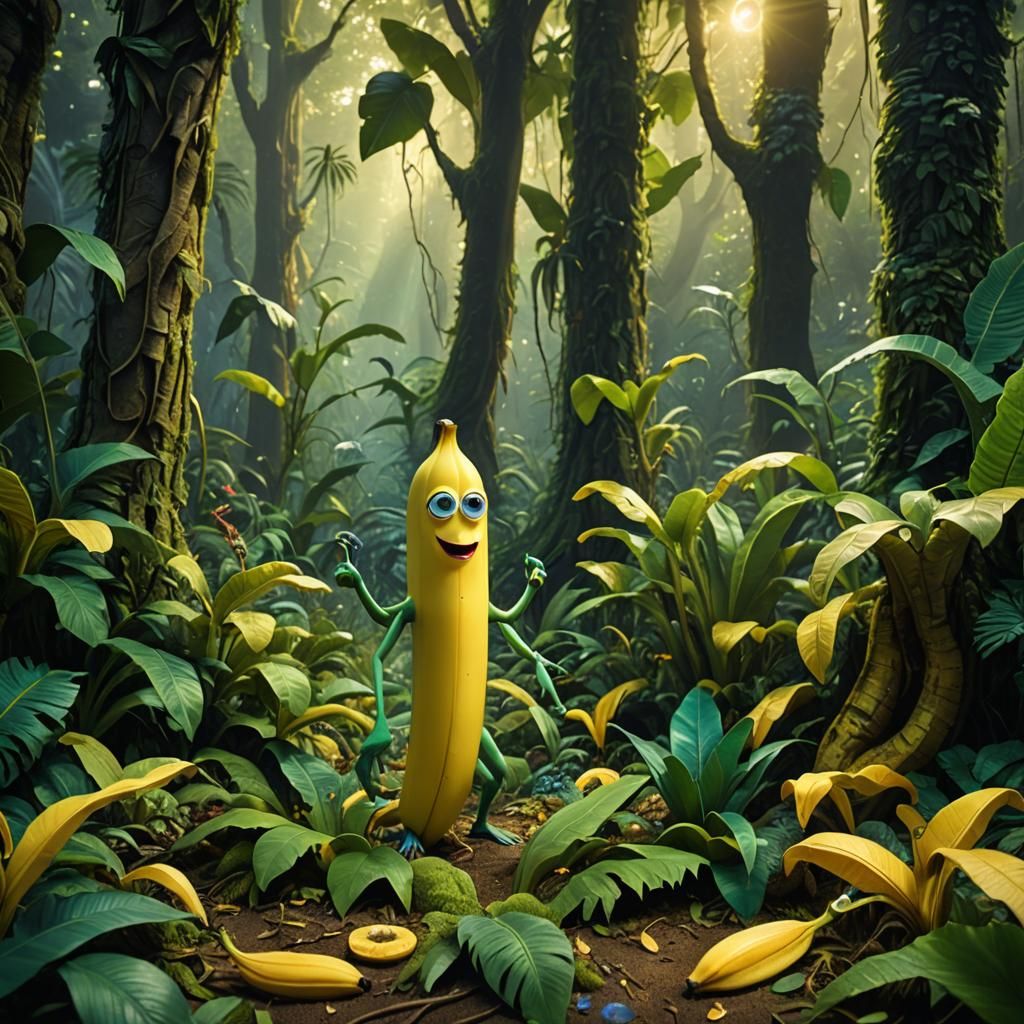 Cartoon Banana Character in Mystical Forest