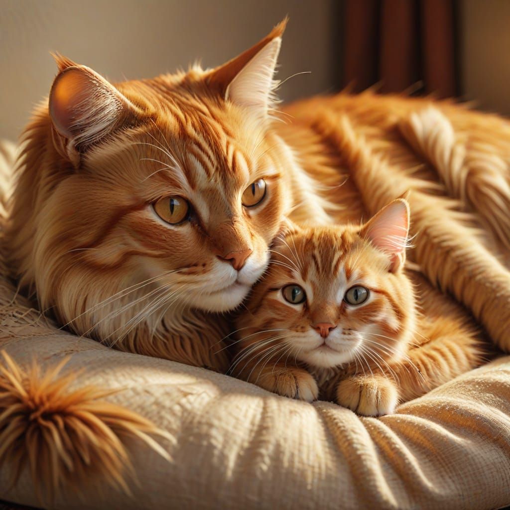 Cozy Cat Mother and Kitten in Oil Painting Style