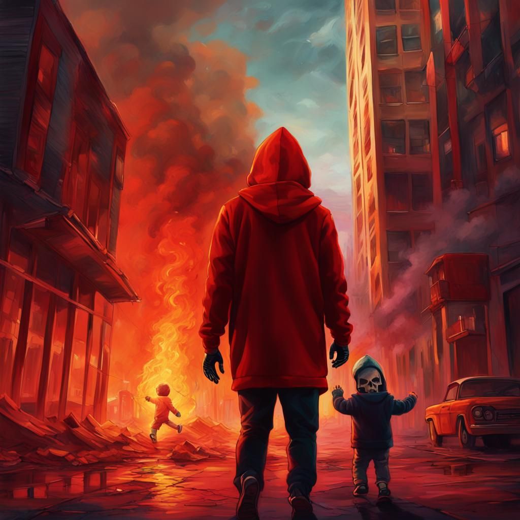 Dramatic Film Still: Hooded Figure in Burning City