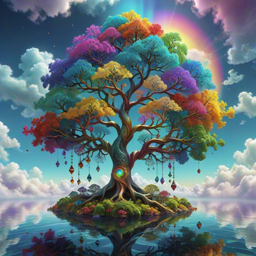 Fractal Jewel Tree on Floating Island in Digital Art