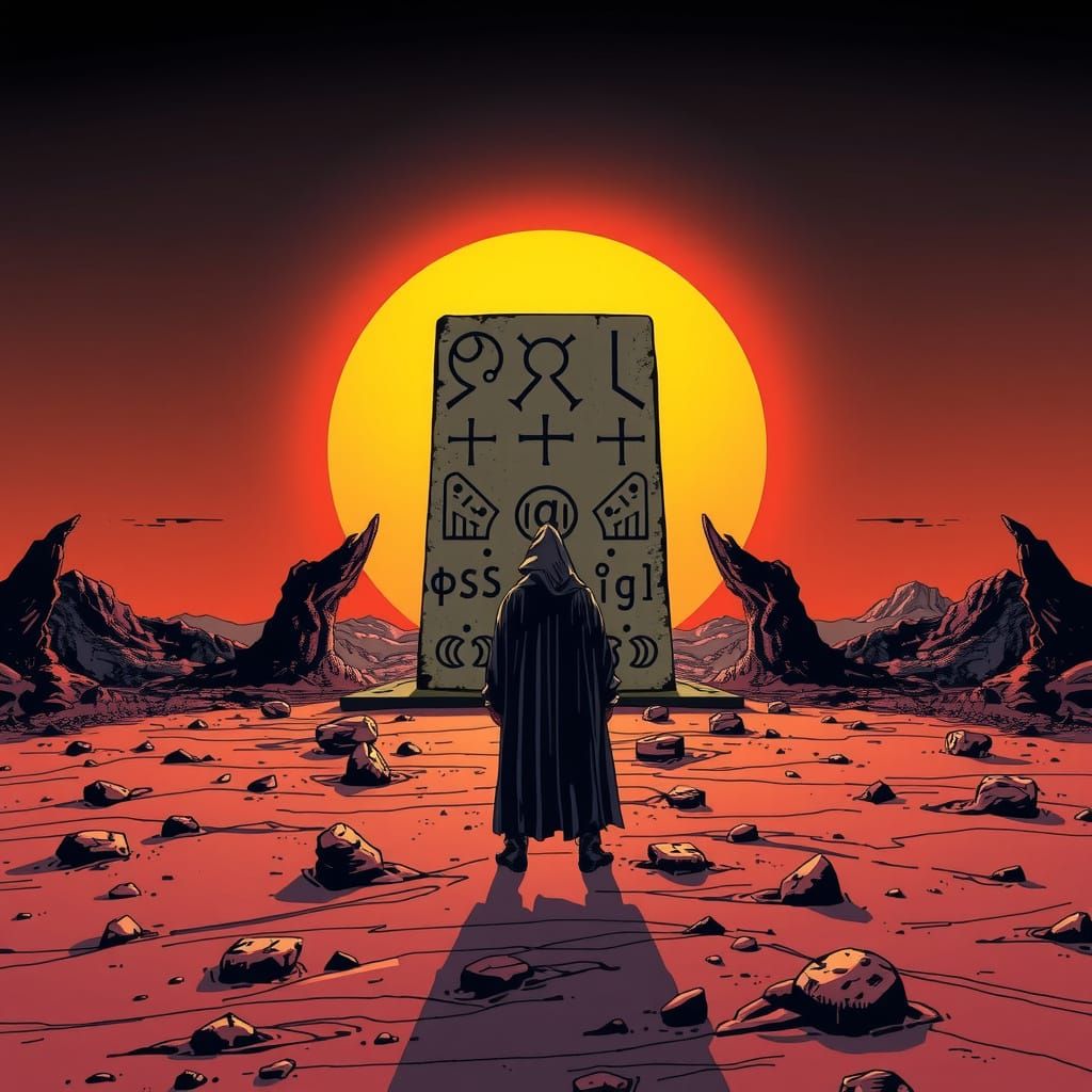 Mysterious Figure Before Alien Monolith in Comic Style