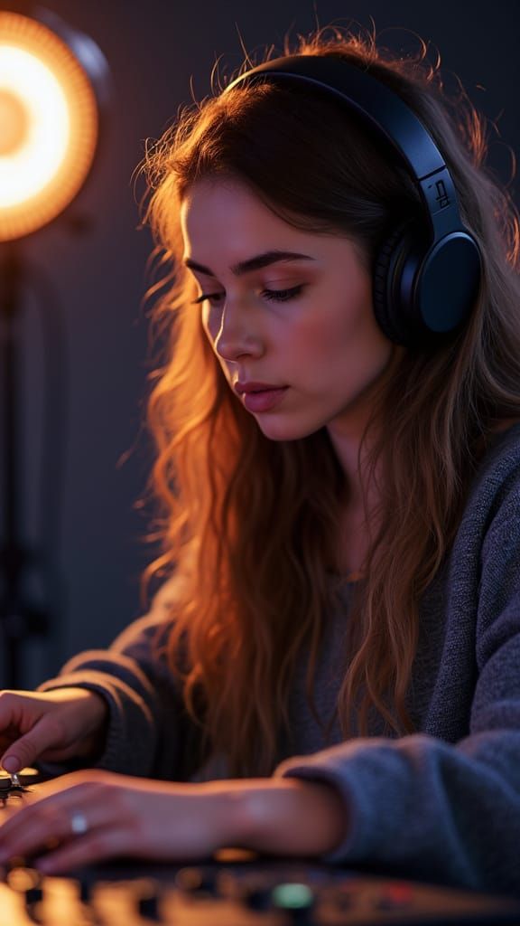 Young Woman Focuses on Music Mixing in Bright Studio