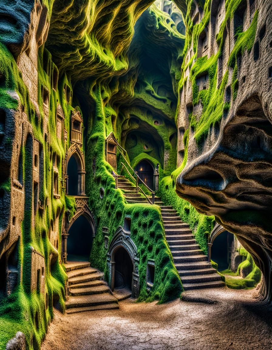 Hyperrealistic Mossy Cave City with Carved Houses