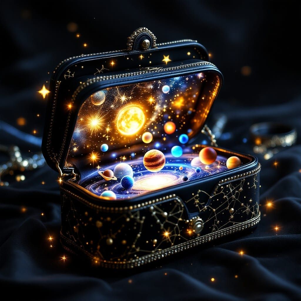 Luxurious Black Leather Handbag Embroidered with Constellati...