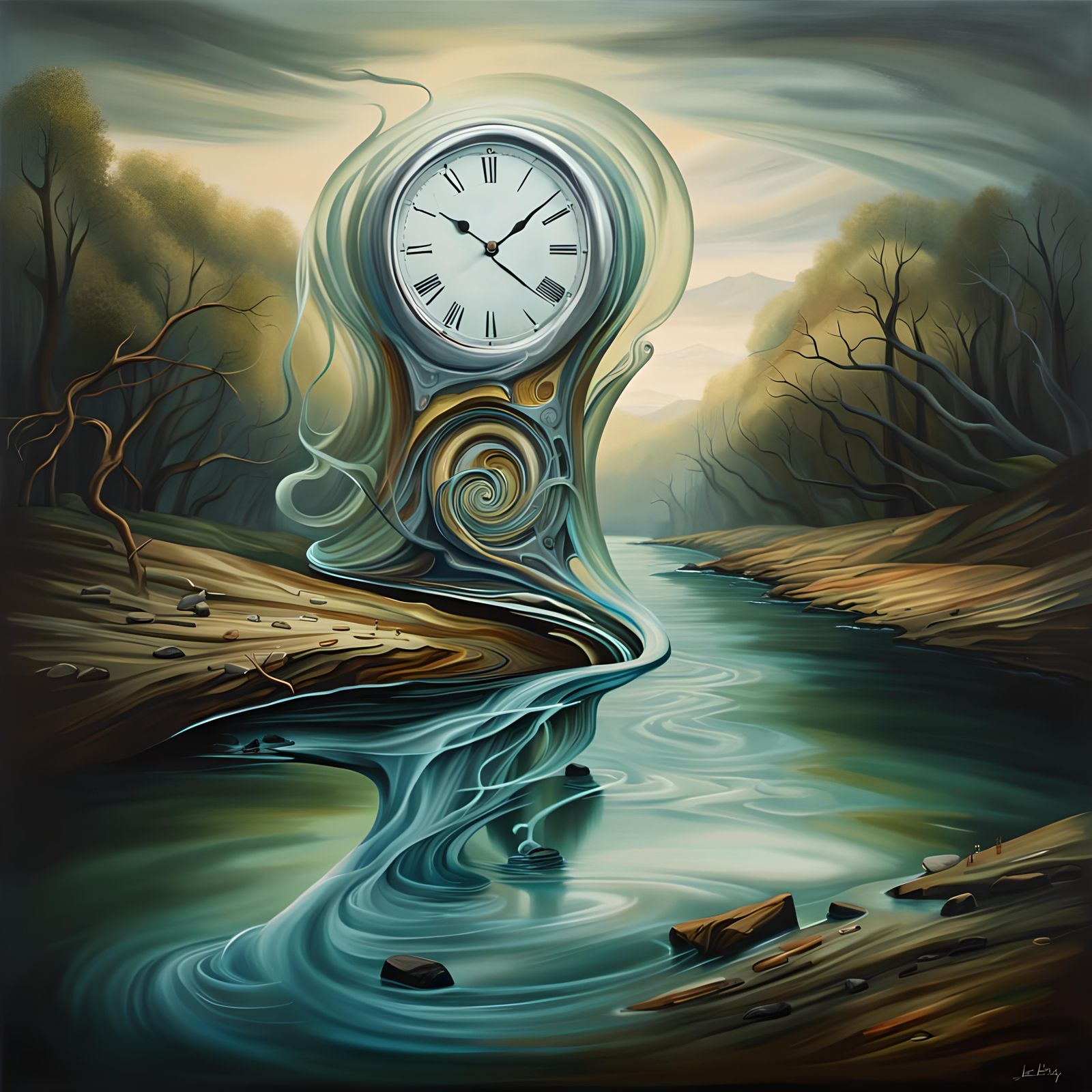 Surreal Clock on River in Photorealistic Style