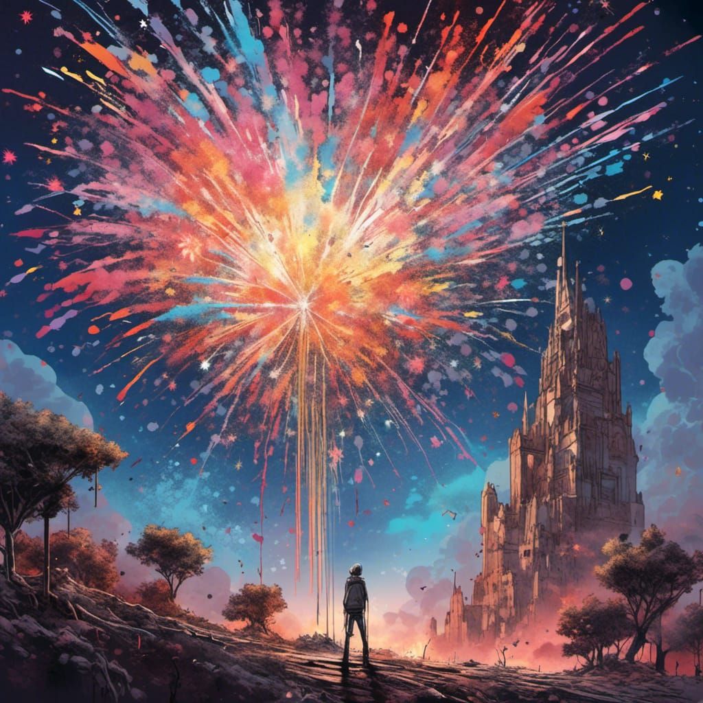 Fantasy Fireworks Display in Watercolor Style