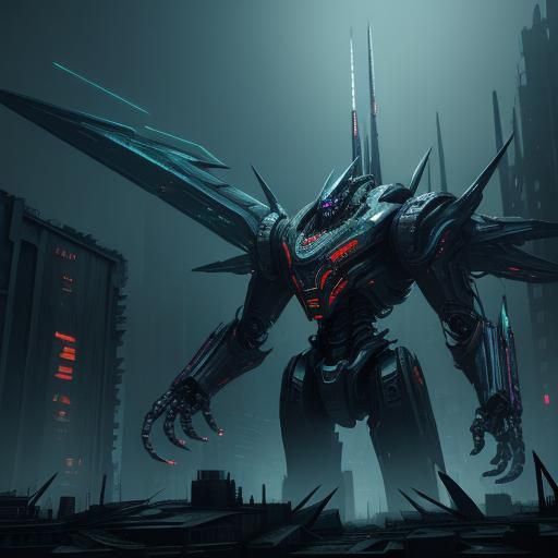 Cyberpunk Biomechanical Gigan in Abandoned Cityscape