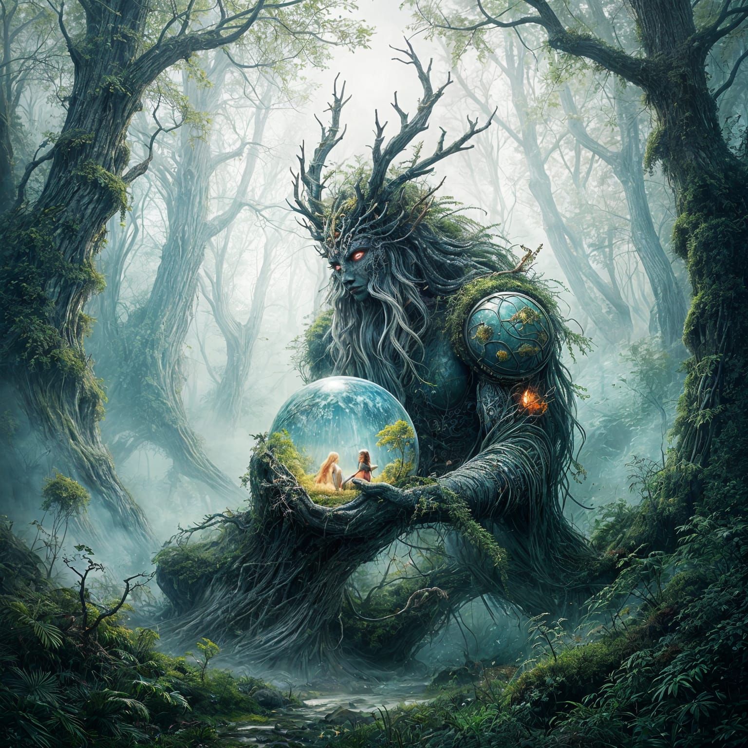 Forest Spirit Cradling a World: Surreal Gouache Painting