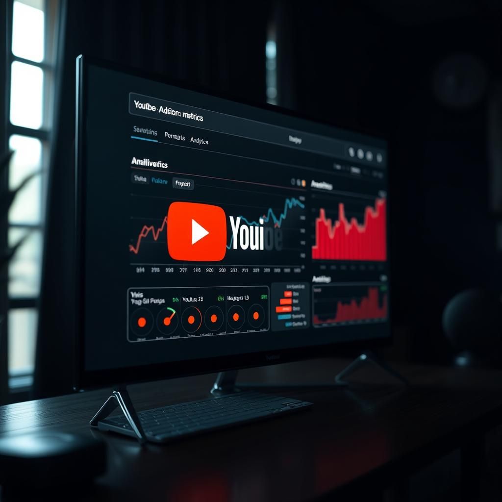 YouTube Analytics on a 4K Display in Cinematic Lighting