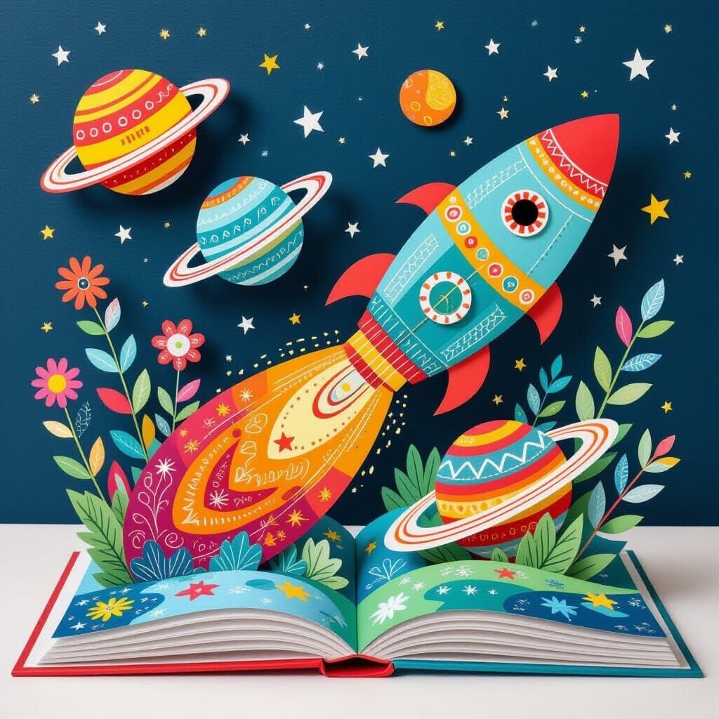 Colorful Spaceship and Planets in Pop-Up Book Illustration