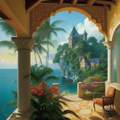 Tropical Castle Overlooking Jungle, Impressionistic Comic Ar...
