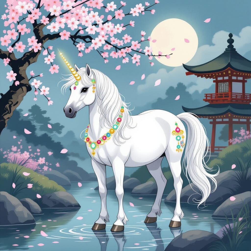 Majestic White Pony in Moonlit Japanese Garden