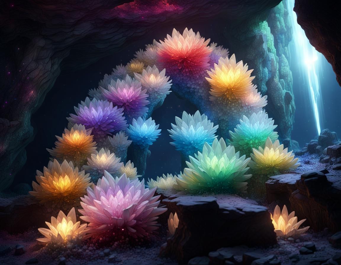 Crystal Flower Cave in Rainbow Moonlight: Fantasy Art