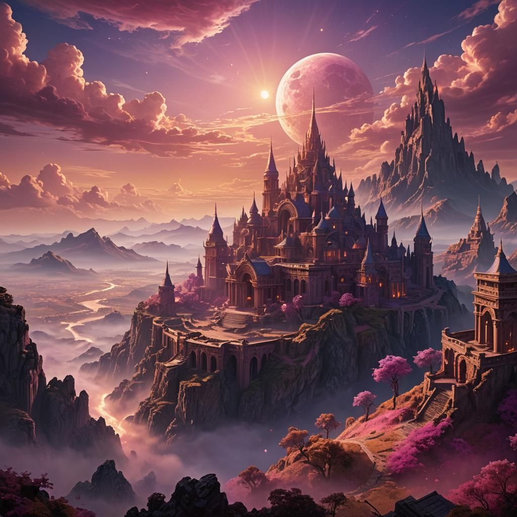 Mystical Sun/Moon Rise Over Ancient Landscape