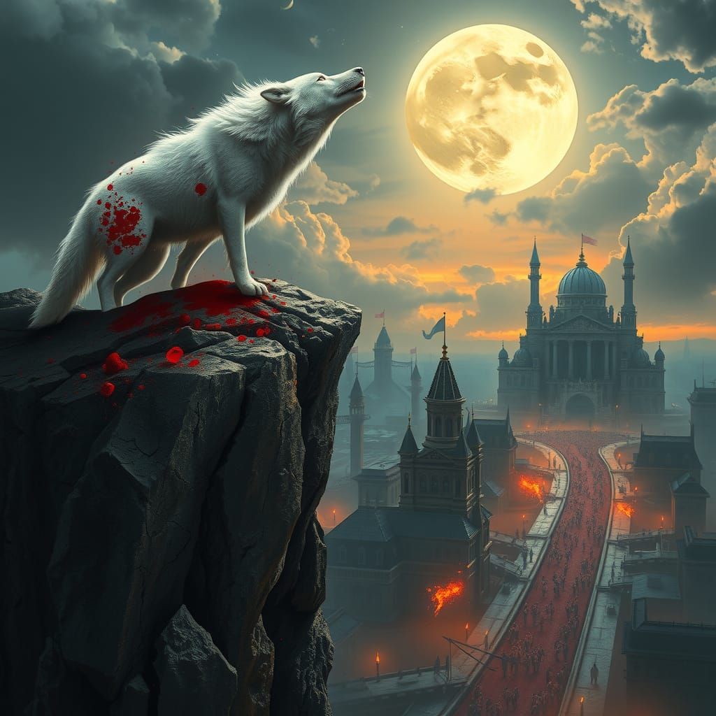 Regal White Wolf Howling at Moon over Battlefield