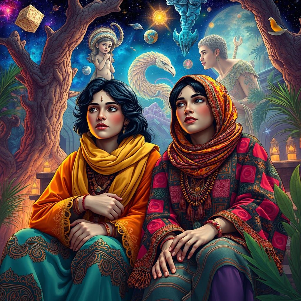 Dreamlike Illustration of Two Women in Cosmic Setting