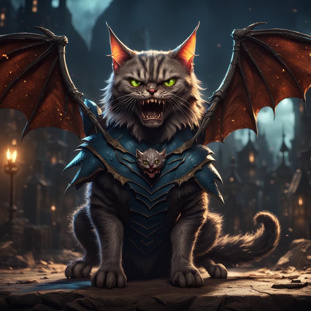 Grotesque Bat-Winged Cat: Detailed Digital Painting