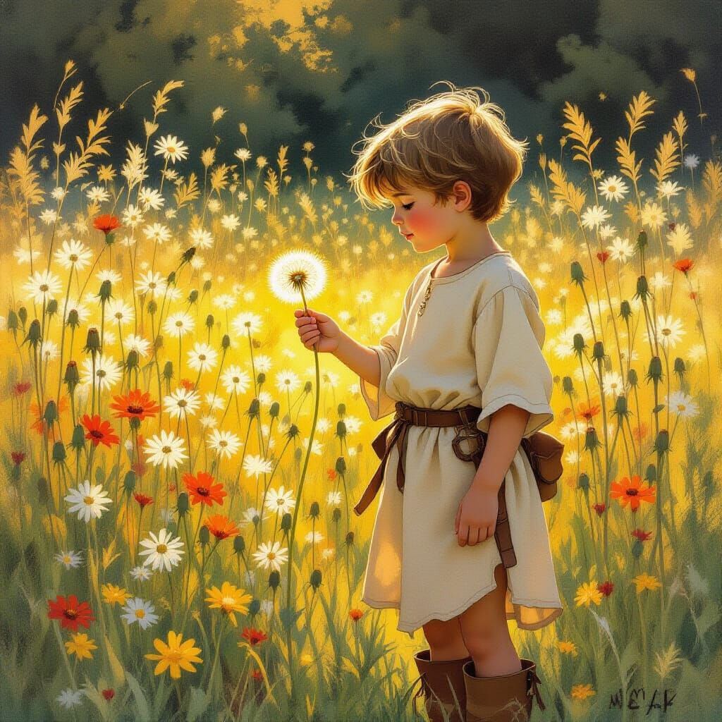 Boy Holds Glowing Dandelion Seed in Meadow