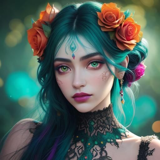 Peacock Woman Portrait with Rose in Digital Art Style