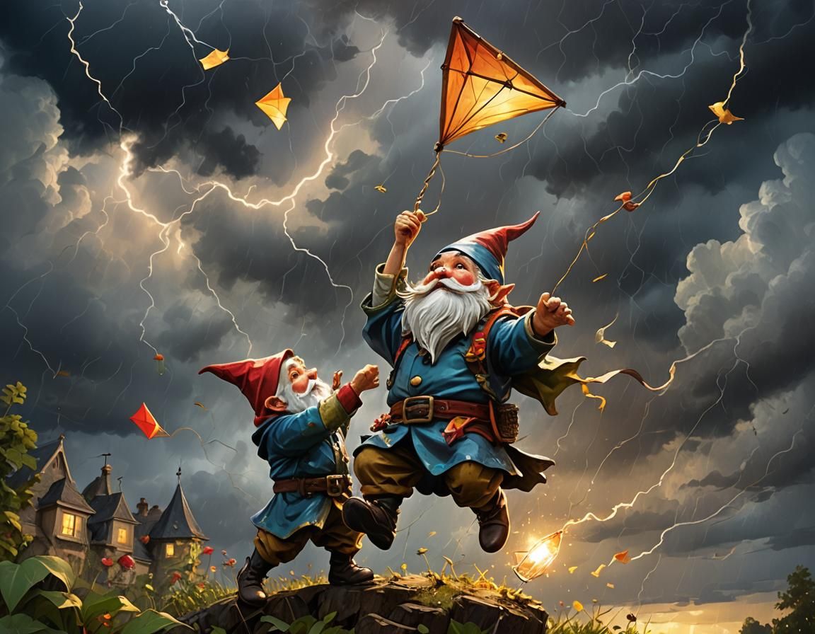 Gnome Launches Kite in Storm, Miyazaki-esque Art