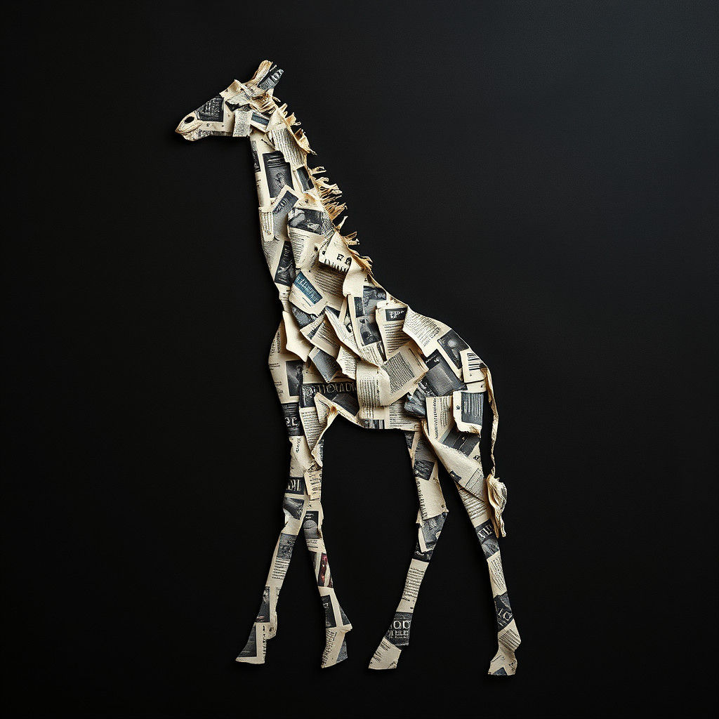 Newspaper Giraffe Collage in Surreal Style