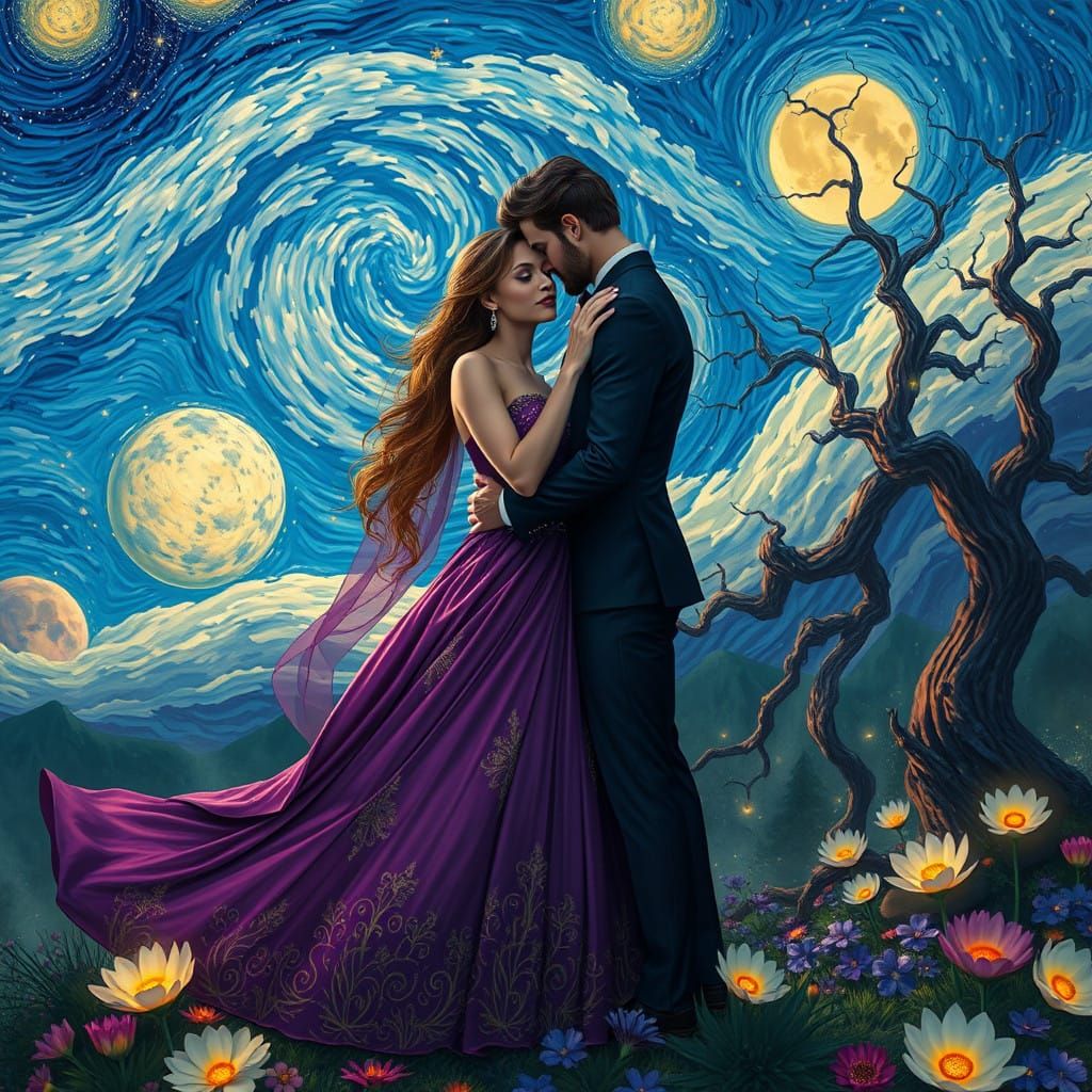 Ethereal Couple Embracing Under a Celestial Sky