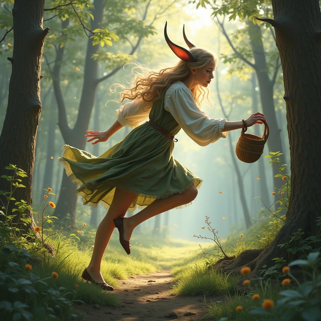 Elf Runs Through Forest Glade, Digital Painting