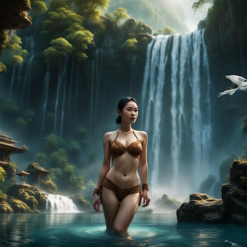 Thai Woman Swimming by Waterfall: Detailed Matte Painting