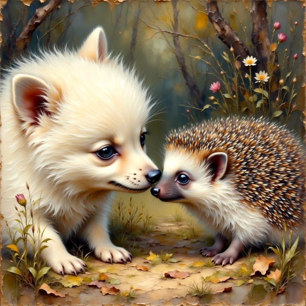 Japanese Spitz and Hedgehog Nose to Nose