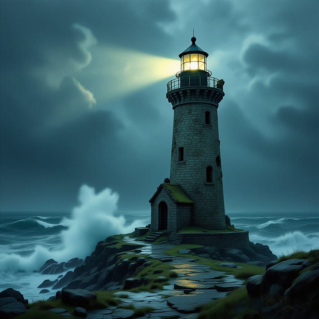 Weathered Lighthouse Against Stormy Seas in Surreal Style
