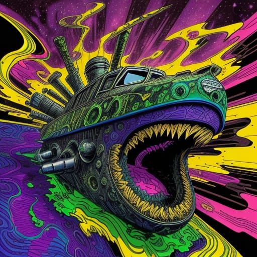 Psychedelic Battleship in Zap Comix Style